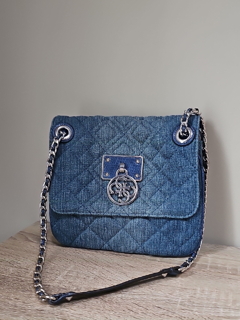 Guess Quilted Denim Shoulder Bag in Blue with Silver Hardware